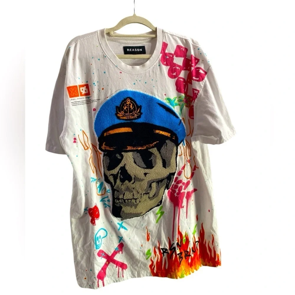 🌟  REASON skull shirt white multi color trip men’s Sz L Skeleton top resort - Picture 5 of 12